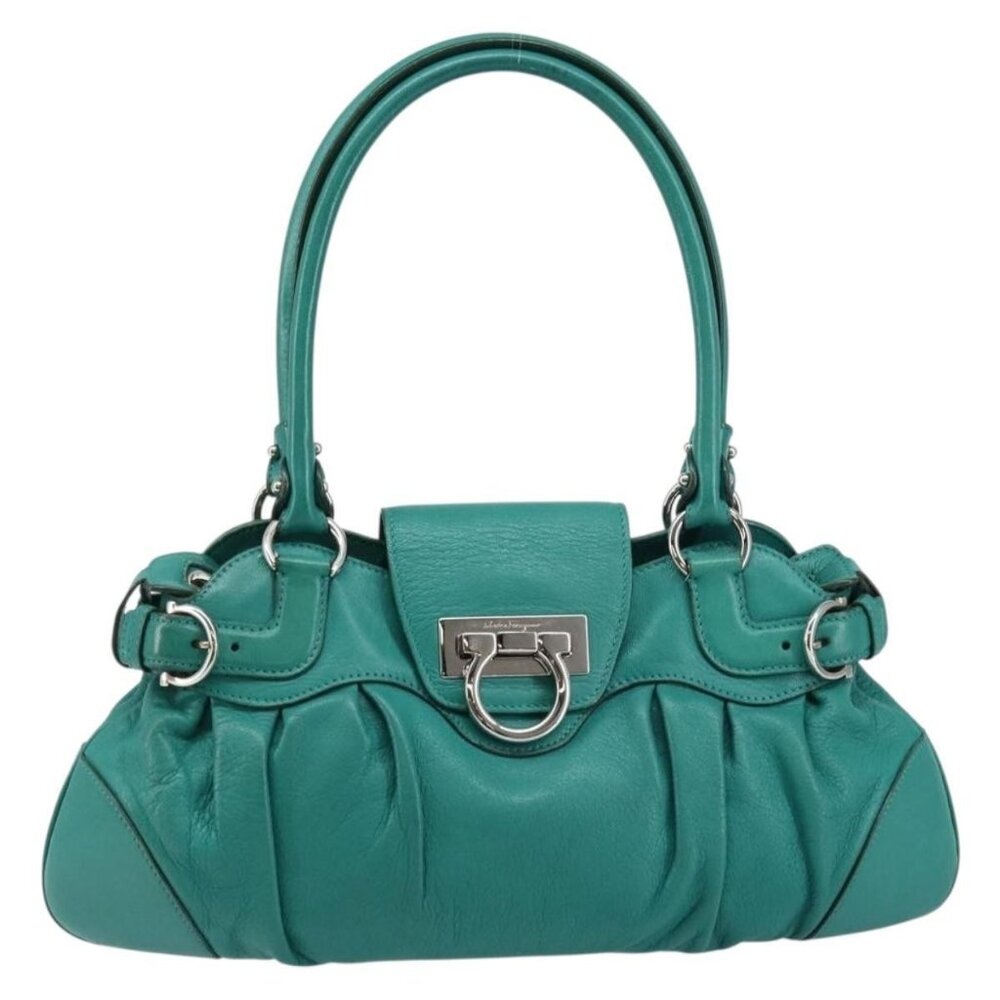 Authentic Salvatore Ferragamo Gancini Shoulder Bag Leather Green Silver - Picture 5 of 16